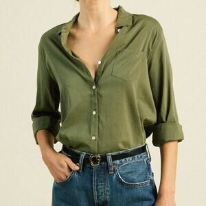 Travota Birds of Paradis Grace Classic Button Down Shirt in "Olive" Green Sz L